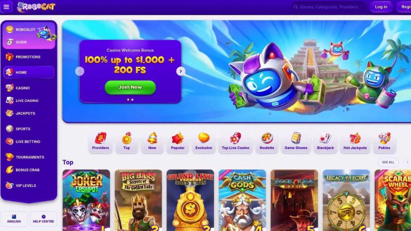 Robocat Casino screenshot showing the lobby and pokies selection